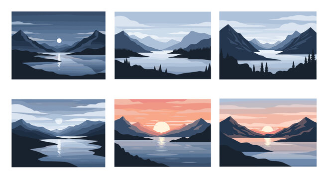 Series of pixel art mountain landscapes showing a calm lake at different times of the day from sunrise to a quiet moonlit night.