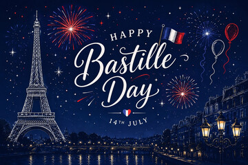 Eiffel Tower Illustration With Fireworks And French Flag Bastille Day Celebration