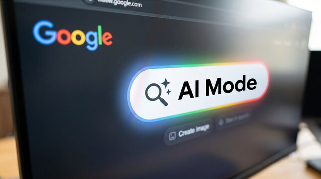Closeup of a computer monitor screen showing the Google search engine with a prominent AI Mode search bar featuring a colorful glowing border, magnifying glass icon and generative tech button