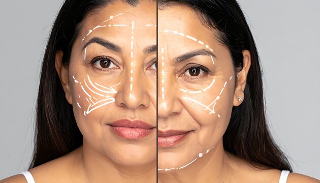 A woman's face with facial lines drawn on one side