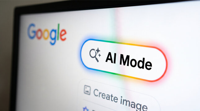 Closeup of a computer screen showing the google search bar with an ai mode button featuring a vibrant colorful glowing border and generative artificial intelligence integrated search interface
