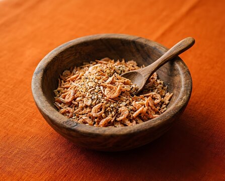 Dried shrimp and seasoning mix in a wooden bowl on orange background