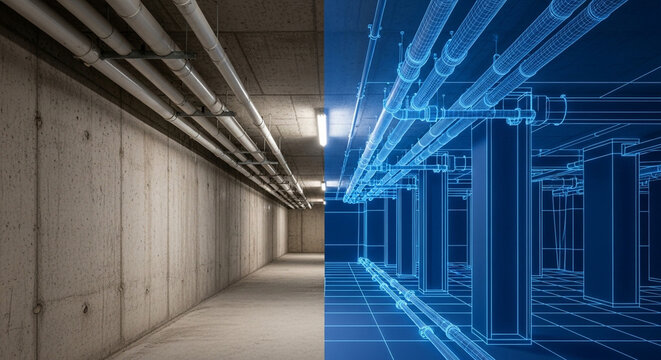 Split image showing a real-world utility corridor and its digital wireframe twin, highlighting building information modeling.