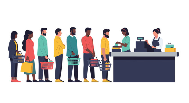 Diverse group of people standing in line at a grocery store checkout counter while waiting to pay for their items.
