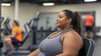 Fototapeta premium Plus size woman lifting dumbbells and training indoors at the gym, showcasing strength and determination. Generated image