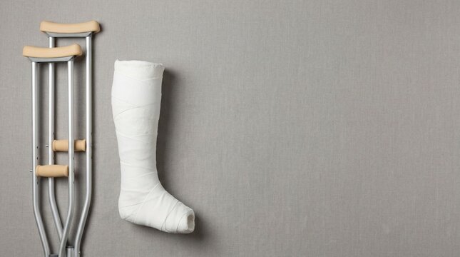 Medical crutches and white plaster cast leg on a neutral gray background, symbolizing injury and recovery
