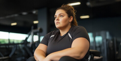 Fototapeta premium Plus size woman lifting dumbbells and training indoors at the gym, showcasing strength and determination. Generated image