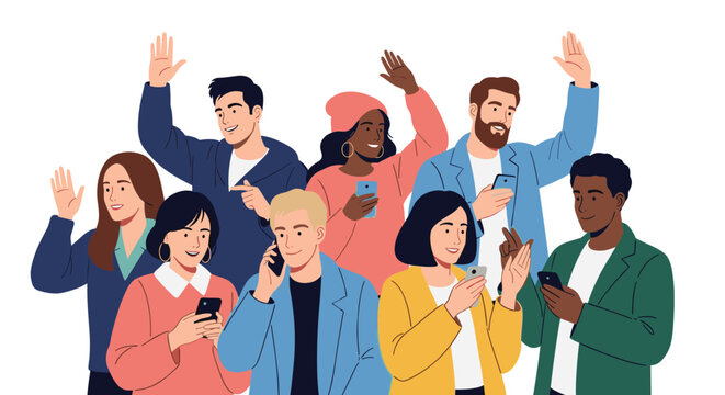 Diverse group of young people waving their hands and using their mobile phones for communication and social media.