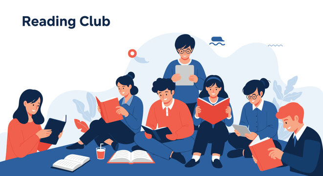Diverse group of students sitting together on the floor and reading books during a session of their local reading club.