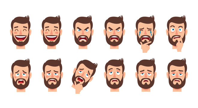Man showing a wide range of facial expressions such as joy, anger, sadness, and confusion in a character sheet format.