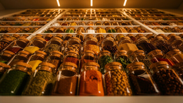 Glass jars with colorful spices and herbs on kitchen shelves. Organized seasoning containers create a professional culinary display. Pantry organization concept for food marketing.