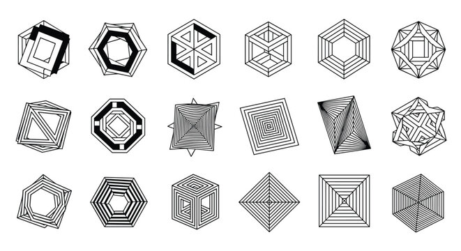 Collection of complex geometric wireframe shapes and patterns in a minimalist black and white abstract design.