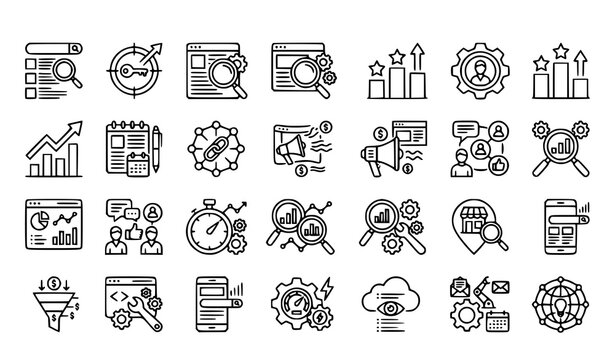 SEO-Friendly Title
SEO Optimization and Digital Marketing Line Icons Set With Keyword Ranking Analytics Link Building Advertising Performance and Mobile Search Symbols