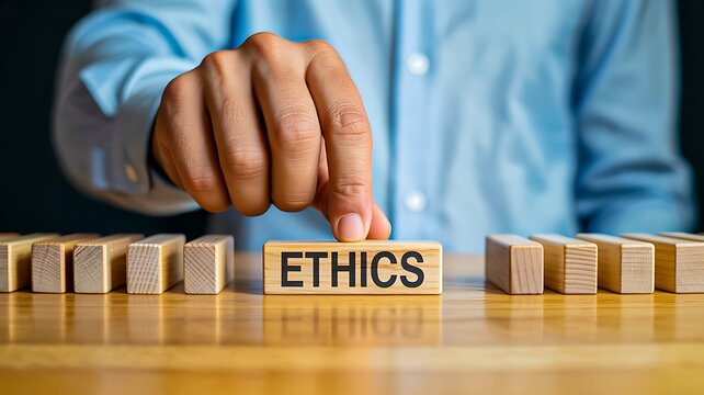 Business ethics concept with wooden blocks showing ethics and corporate values responsibility