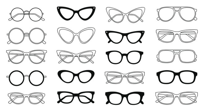 Diverse collection of various eyeglass and sunglass frame shapes and styles in simple black and white line art.