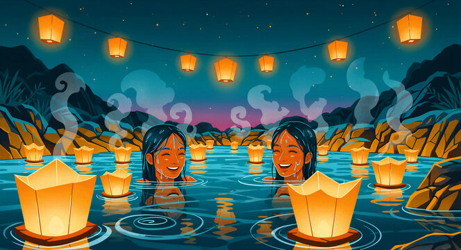 Two women laughing in a hot spring with glowing floating lanterns at night. Traditional festival illustration with steam and mountain scenery. Wellness and travel concept for marketing.