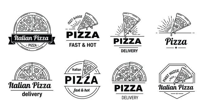 Collection of vintage style italian pizza labels and badges with illustrations of whole pizzas and slices for delivery services.