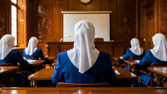 Muslim women in white hijabs and blue uniforms sitting at desks. Students attending a lecture in a wood-paneled hall. Religious education and diversity concept for academic or career marketing.