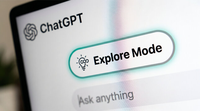 Closeup of a laptop computer screen displaying the OpenAI ChatGPT interface featuring a prominent Explore Mode button with a glowing green border and an Ask anything text search input field prompt