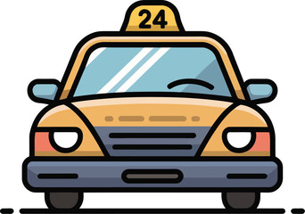 Fototapeta premium Flat of a yellow taxi car, front view with a number 24 sign on the roof, isolated on a white background