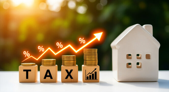 Wooden blocks spelling TAX with rising coin stacks and a model house. Glowing orange arrow with percentage signs indicates increasing costs. Real estate property tax and mortgage rate concept.