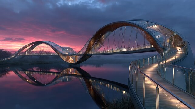 sunset over futuristic bridge with glass railings