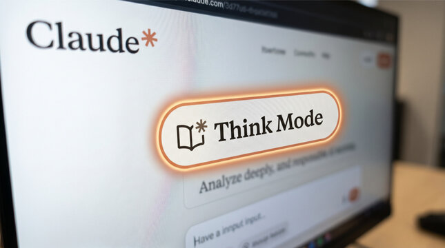Closeup of a computer monitor screen displaying the Claude AI web interface with a highlighted Think Mode button and orange glow effect for deep analysis, reasoning and chatbot technology concept.