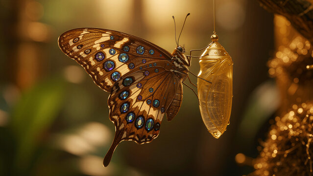 Ornate butterfly with blue jewel accents clinging to a golden translucent chrysalis. Exquisite fantasy insect emerges against a warm bokeh background. Transformation and luxury growth concept.