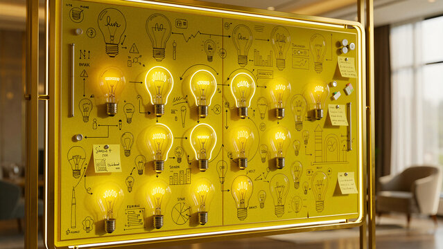 Glowing light bulbs on a yellow board with sketches. Creative thinking, innovation, and strategic business planning concept. Ideal for leadership workshops and problem solving marketing.