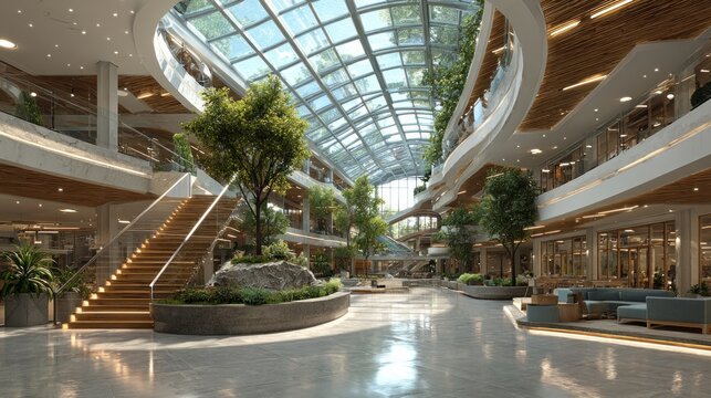 modern multi-level shopping mall interior with greenery