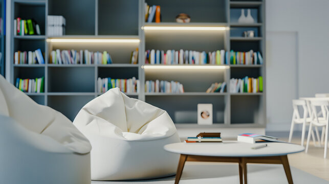 Modern cozy lounge area featuring a white bean bag chair and bookshelves filled with books