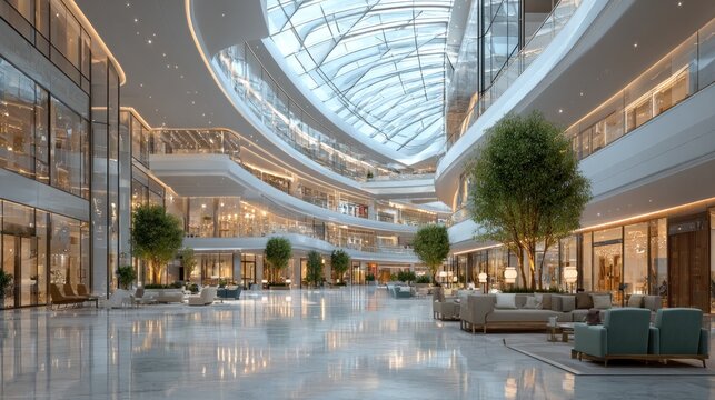 modern shopping mall interior with glass ceiling