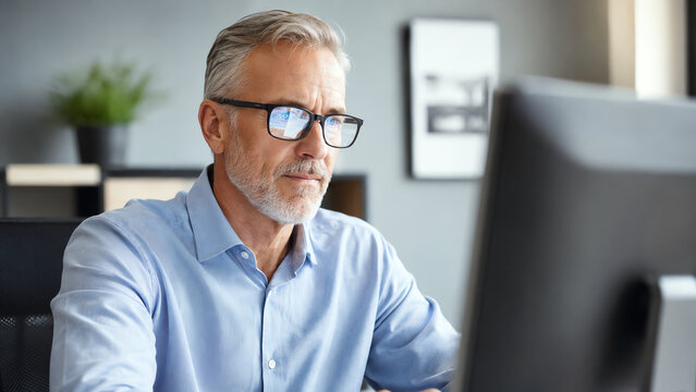 Focused older man working on a computer at the office, showcasing concentration and professionalism in a corporate environment.