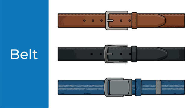 Three belts with buckles are shown on a blue background with text