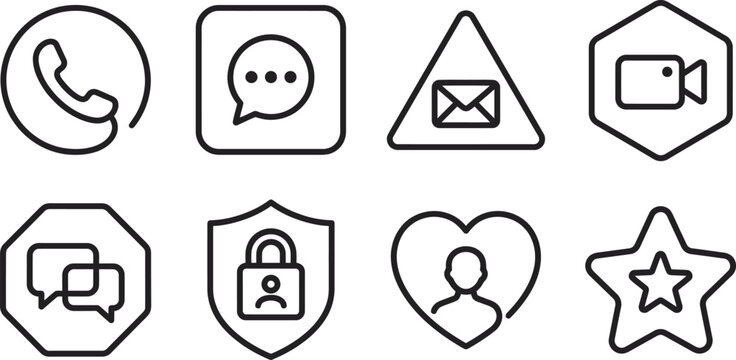 Collection of communication and social media in minimalist outline style for digital interfaces and modern web application user experience