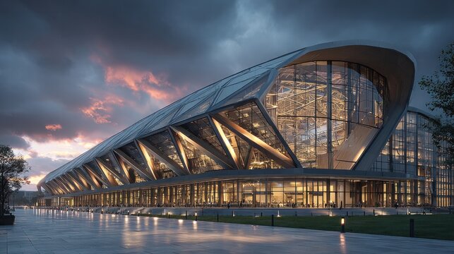 modern glass building at dusk