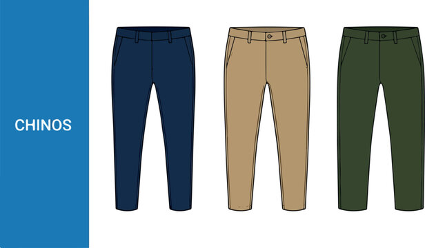 Three pairs of colorful chinos on display for fashion