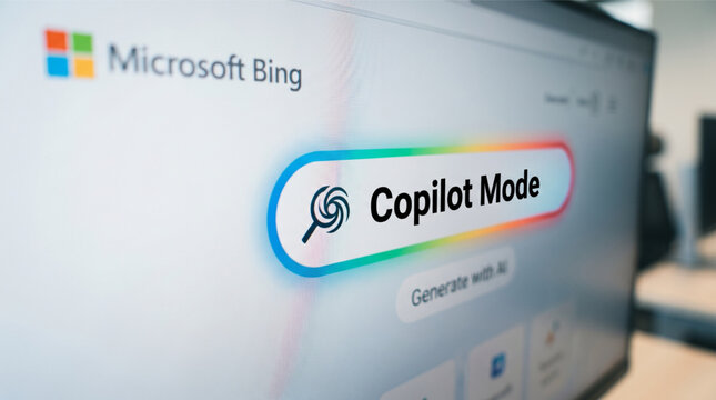 Closeup of a computer monitor screen displaying the Microsoft Bing search engine interface with a prominent Copilot Mode search bar featuring a colorful glowing border and ai generative technology