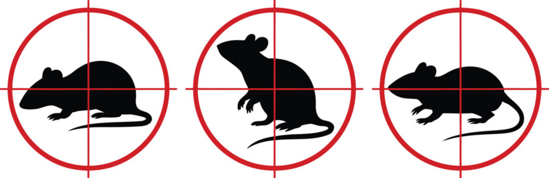 rats icon. pest control. rodent extermination sign. target logo for mouse poison. kill gnawer. red round crosshair aim. black silhouette mammal. vector animal mice stop symbols set, rodent prevention 