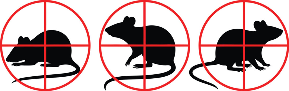 rats icon. pest control. rodent extermination sign. target logo for mouse poison. kill gnawer. red round crosshair aim. black silhouette mammal. vector animal mice stop symbols set, pest management gr