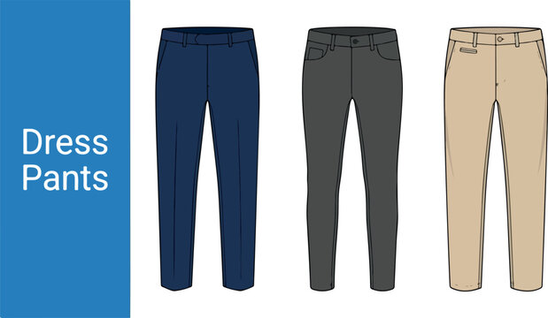 Three pairs of dress pants on display for fashion