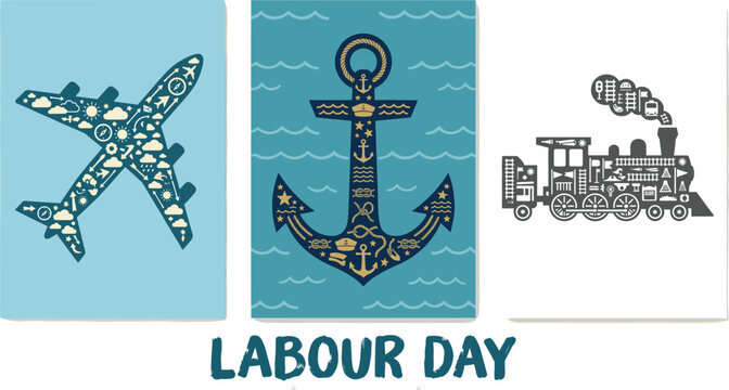 Canada Labour Day Poster Set with Airplane Nautical Anchor and Steam Train Icons Honoring Transport Industry Workers Holiday Vector Illustration