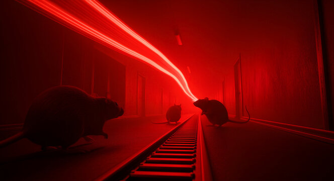 Rats scurrying along tracks in a dark corridor with glowing red light. Dramatic red lighting highlights rodents in an underground tunnel. Suspenseful horror concept for urban pest control themes.