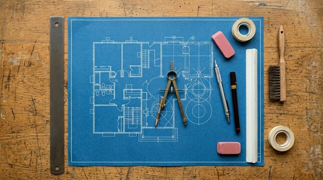 Architectural blueprint with drafting tools on a wooden desk, showing house plan with floor layout