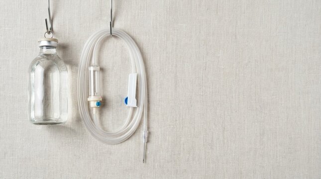 Clear glass vial of saline solution and intravenous IV drip set with needle hanging on wall