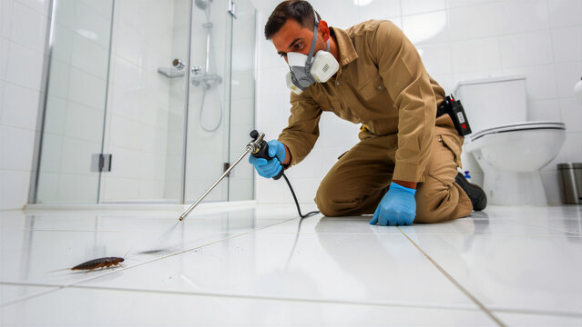 Professional pest control technician spraying insecticide at a cockroach in a bathroom. Specialist in uniform and respirator mask treating a home infestation. Extermination service concept.