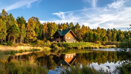 Obraz premium A serene lake scene with a wooden house on the shore