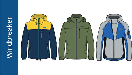 Three colorful windbreaker jackets are hanging on a clothesline outdoors today © FRIDA STORE