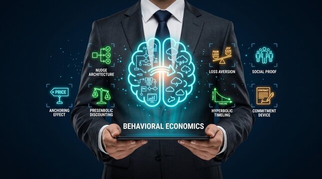 Businessman in suit holding tablet with behavioral economics brain graphics and icons on dark blue background