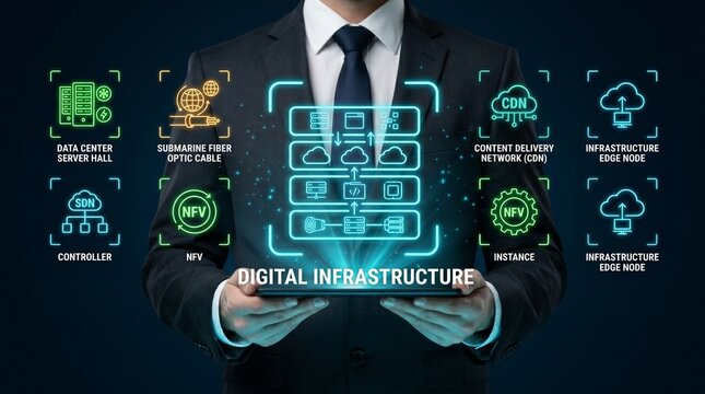 Businessman presenting digital infrastructure concept with glowing blue icons and text on a dark background